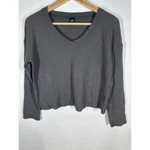 GAP Sweater Womens Small Gray Waffle Knit V-Neck Cropped Long Sleeve Thermal